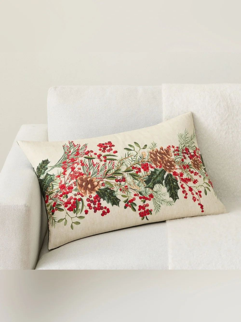 Pottery Barn Holly Berry Embroidered Lumbar Pillow Cover Solid Green Back NWT